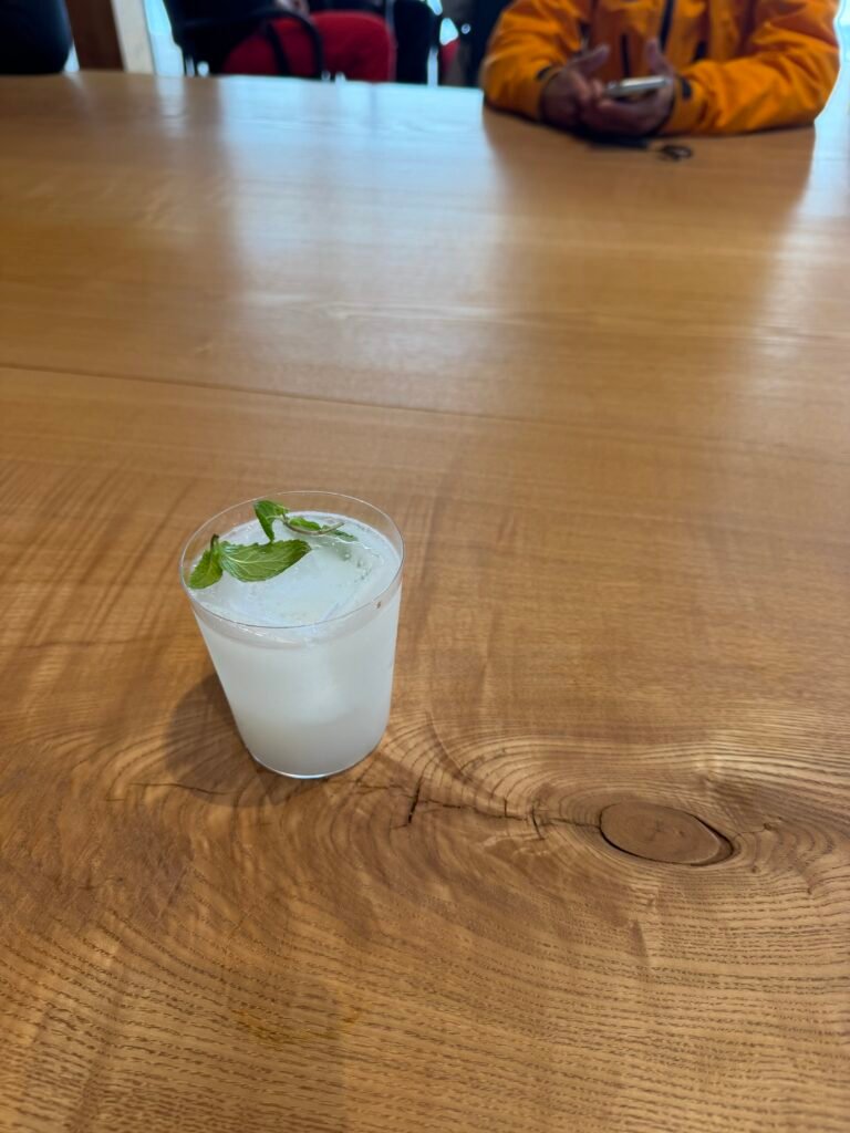 Green cocktail at the distillery after the icy backcountry day