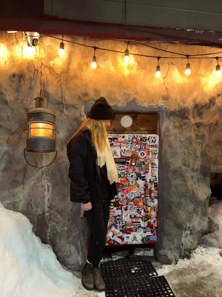 Fridge door entrance to Bar Gyu in Niseko