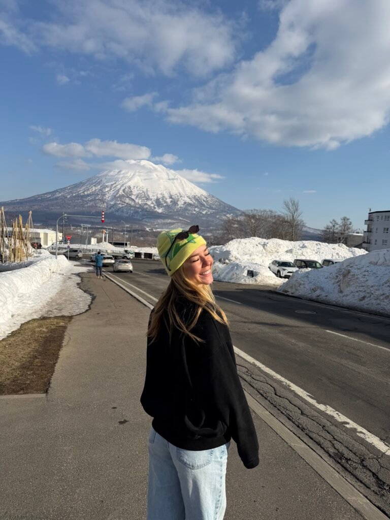 Mt. Yotei behind a snowy road in Niseko