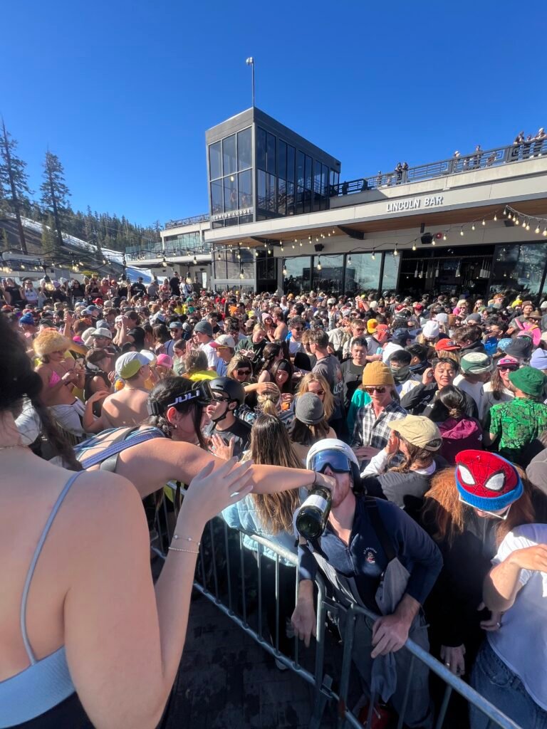 Packed crowd at the base of Mammoth Mountain on a busy day