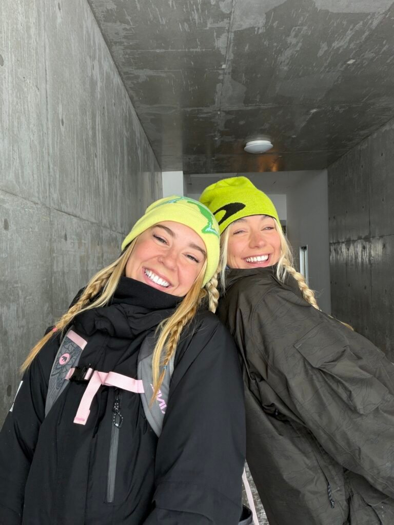 Charlotte and me in neon beanies at Rusutsu