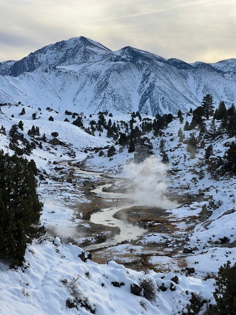 Steam rising from a geothermal creek in the snow near Mammoth