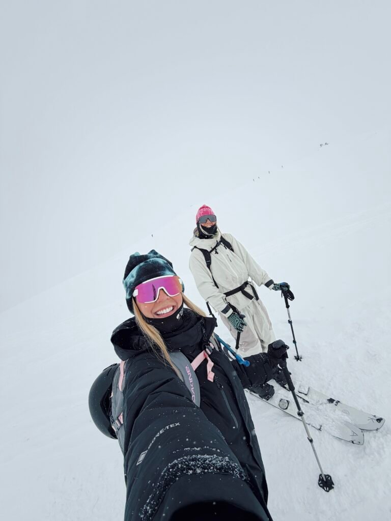 Selfie with Charlotte touring uphill in a whiteout at Asahidake