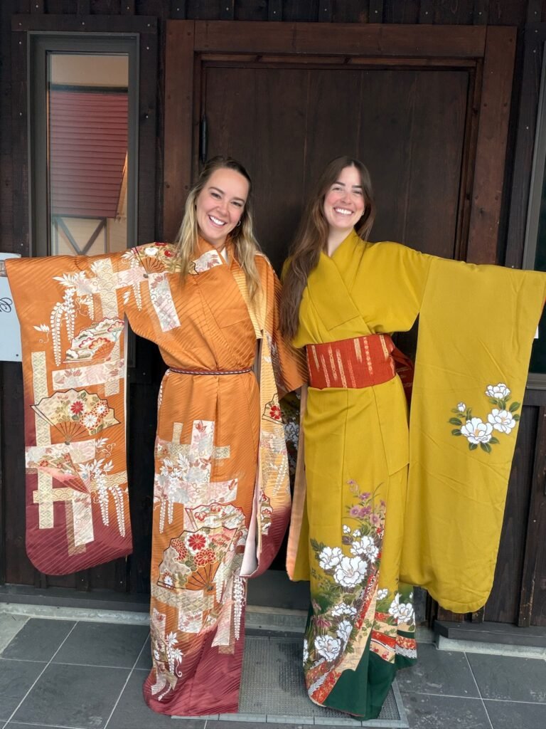 Katie (right) and a friend in kimono in Kyoto