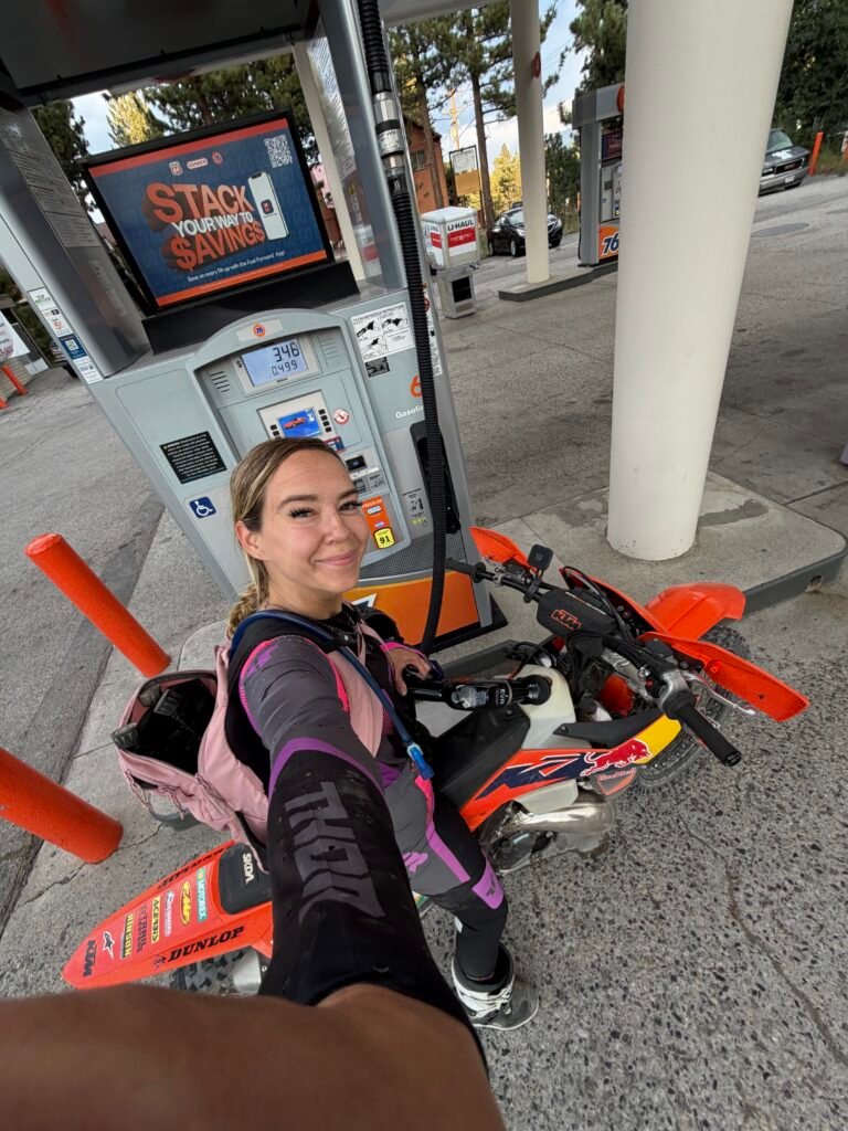 Gas station selfie on the KTM, filling up in Mammoth