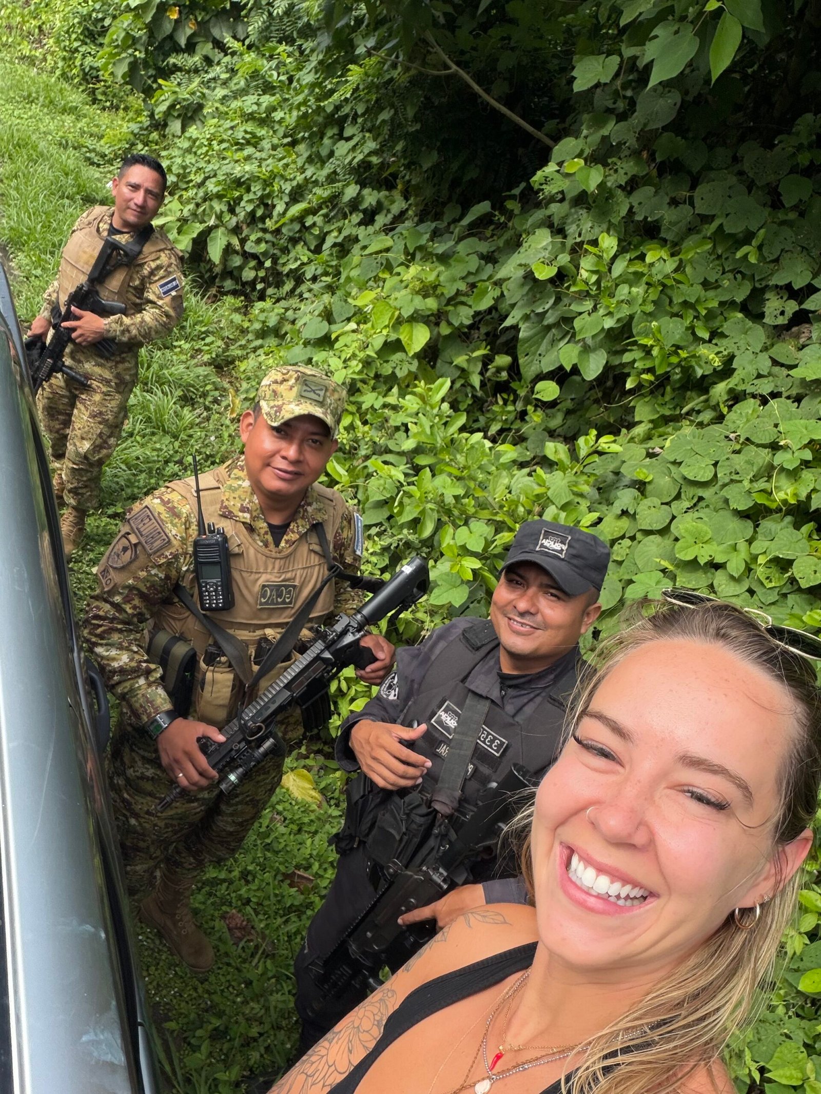 Selfie with the police officers we gave a ride to in El Salvador