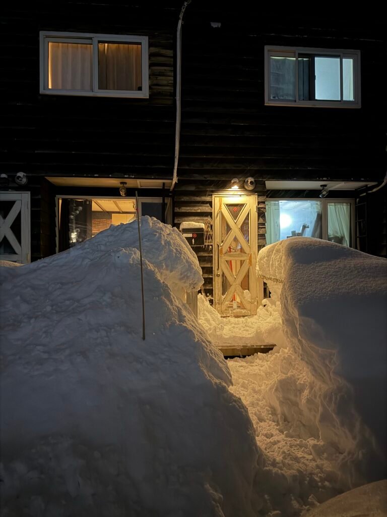 Path dug through deep snow to the front door of a house at night
