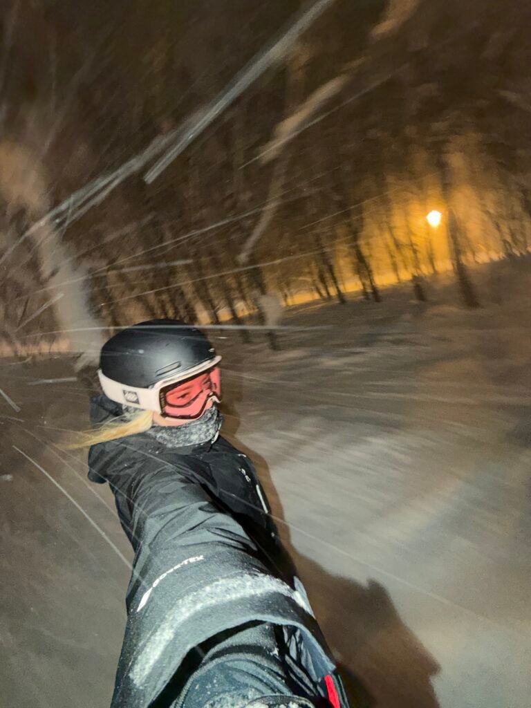 Night riding selfie in a snowstorm in Niseko