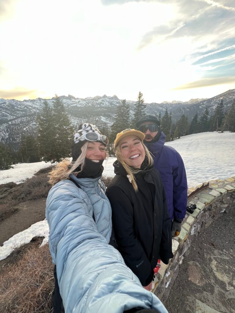 Friends on the mountain at Mammoth at sunset