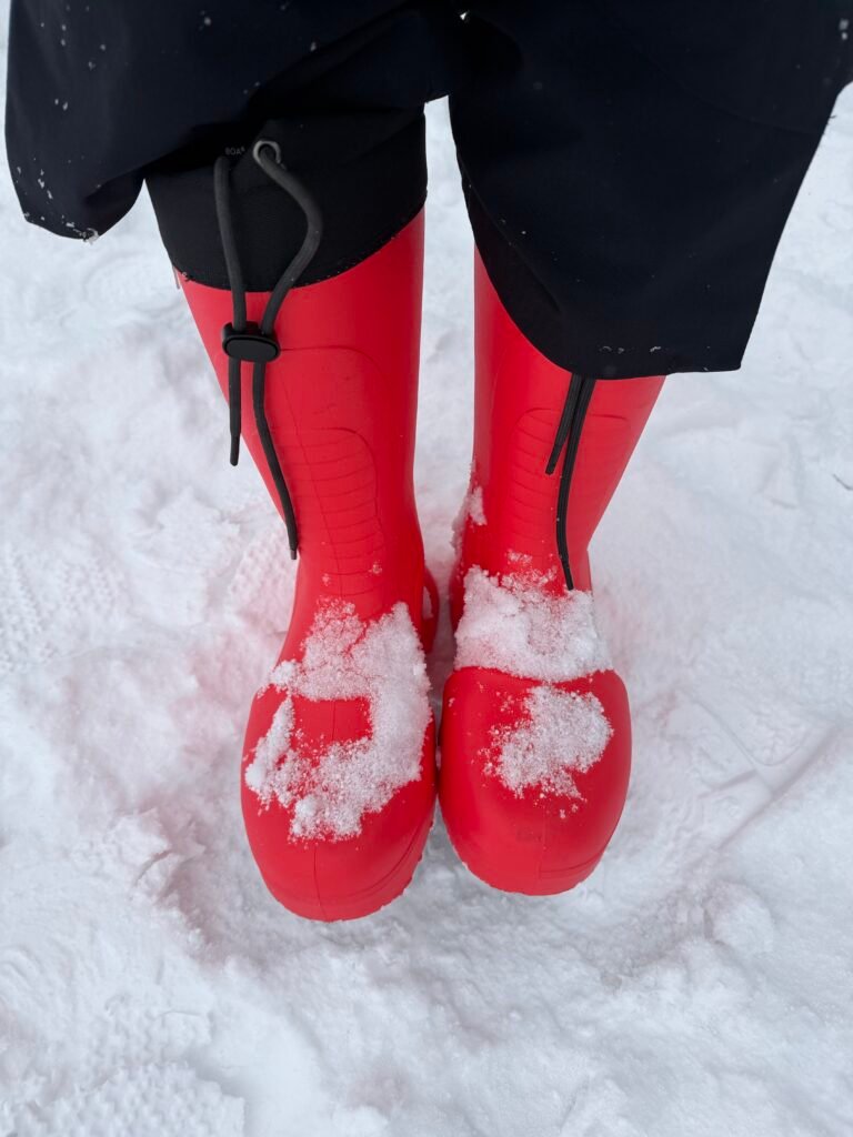 My red Fubuki boots in fresh snow