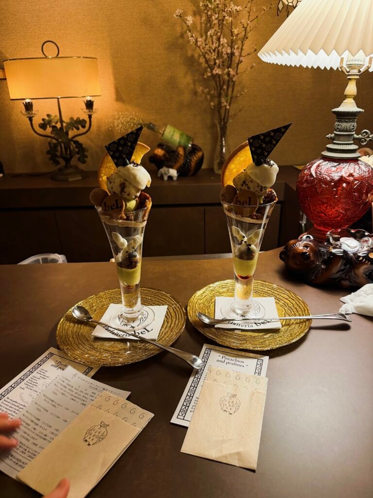 Parfaits served in cocktail glasses at Parfaiteria beL in Shinjuku
