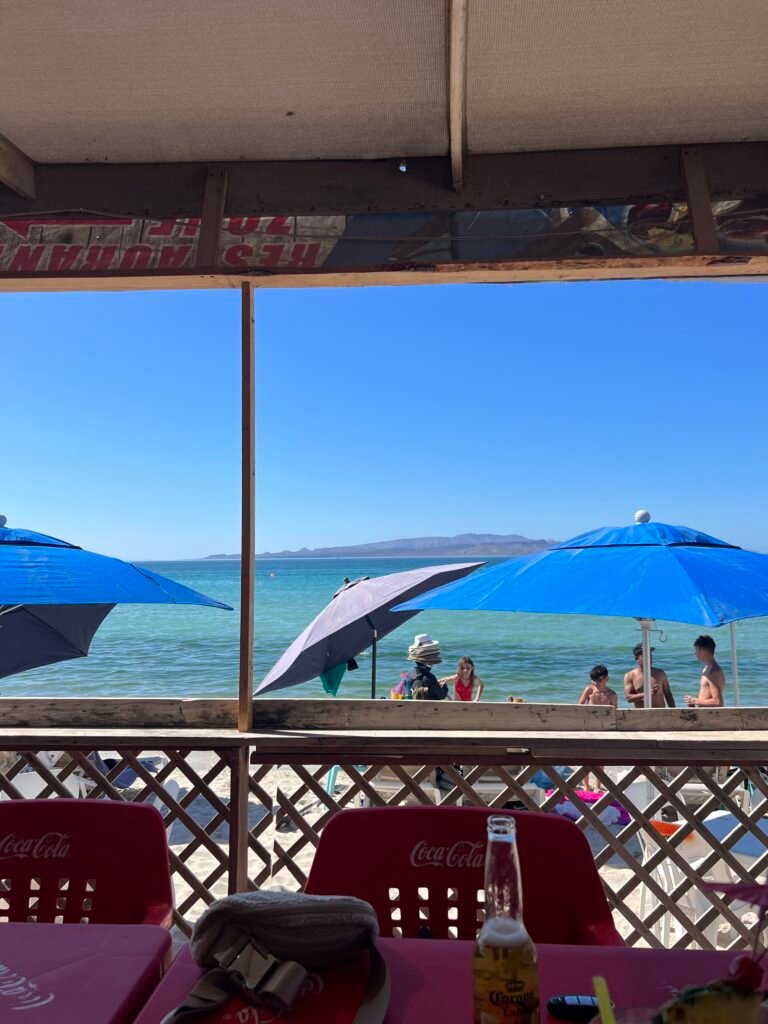 View of the water and blue umbrellas from a restaurant at El Tecolote