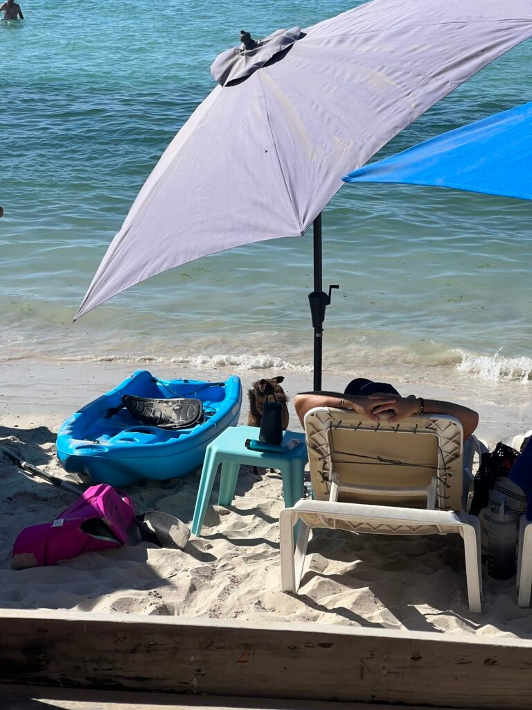 Beach chair and umbrella on the sand at El Tecolote