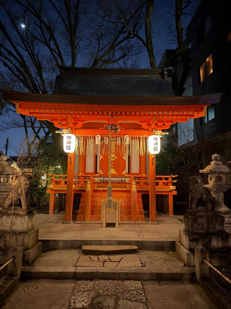Shrine lit up at night in Kyoto