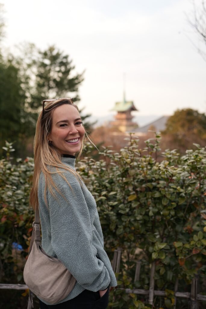 Smiling with a Kyoto pagoda in the background