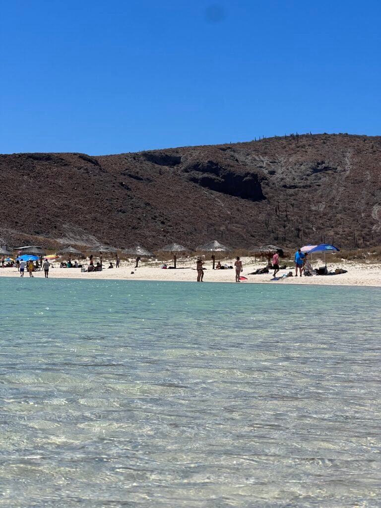 Beach umbrellas lining the shore across the shallow water at Balandra