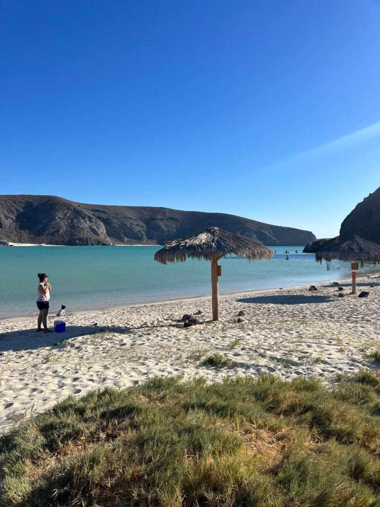A permanent thatched umbrella on the sand at Balandra Beach