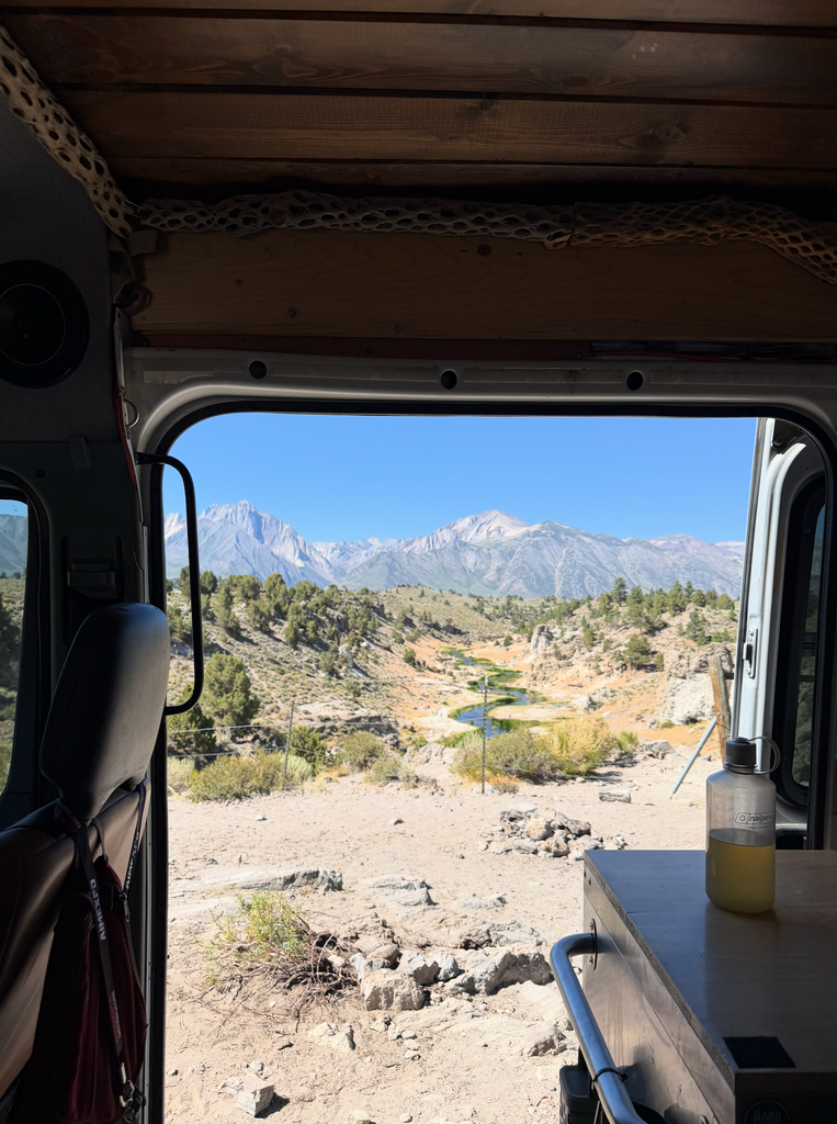 View from inside the van out to the Eastern Sierra mountains