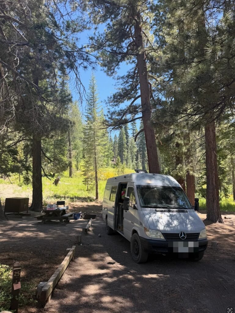 Borrowed Sprinter moto van parked under tall pines at a campsite near Mammoth